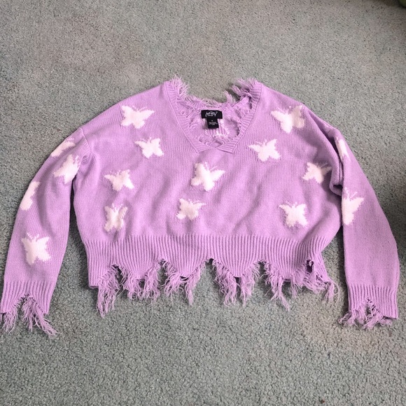 Cute Just Polly Purple Butterfly Cropped Distressed Sweater - Picture 1 of 11